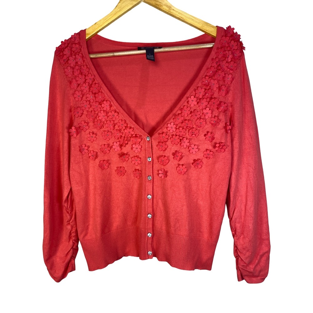 INC International Concepts Coral Pink 3D Floral Applique Cardigan Sweater Large